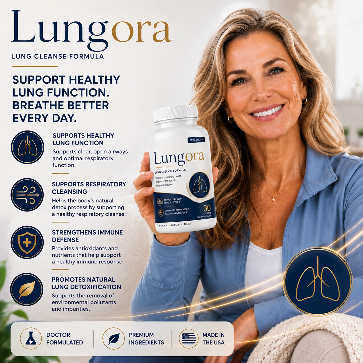 Woman holding Lungora lung health supplement bottle
